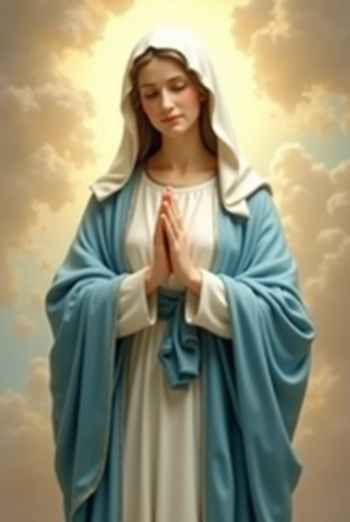 Please, Create an image of the Virgin Mary.  The image must portray a serene and angelic figure ,  dressed in light blue and white tunics ,  that symbolize purity and peace .  The Virgin Mary must have a calm and loving expression ,  with her hands joined ...