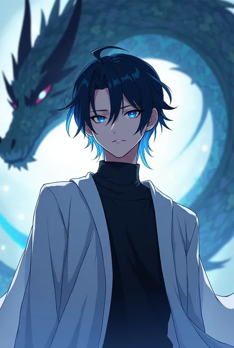 adult male, black hair with light blue tips, light blue eyes, wearing a black shirt and white robe, anime style, dragon background 