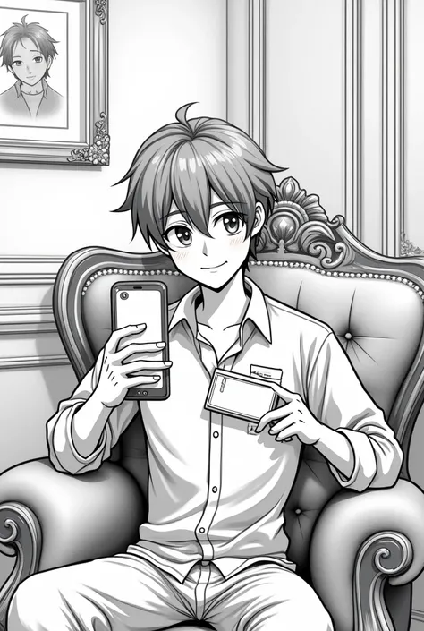 A young cartoon man in black-and-white sketch style, sitting in a luxurious and stylish room with elegant decor. He holds a book in one hand and a smartphone in the other, taking a close-up photo of the book and himself together. The man looks happy and fo...