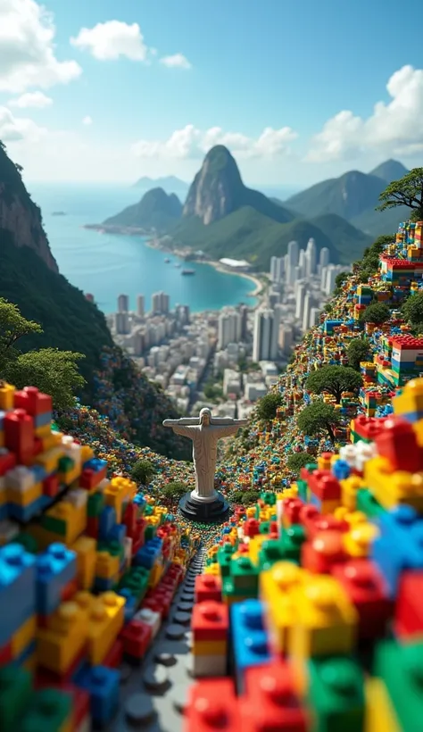 Beautiful landscape of Rio de Janeiro highlighting the favelas and Christ the Redeemer. image in LEGO format, toy, color image