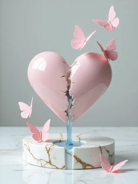 Minimalism, strange art, a porcelain sculpture of a gently pink porcelain stylized heart is depicted on a white piece of marble with gold veins, the porcelain sculpture of the heart is damaged and cracked, fragments fall off the porcelain sculpture of the ...