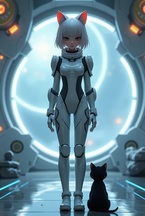 , a beautiful girl with cat ears standing facing the front,Space Suit,With the whole body,The background is a spaceship ,The image is a black kitten 