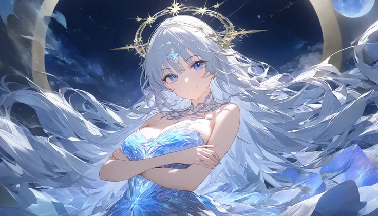 (masterpiece:1.2),(4K), High Quality ,( Perfect Anatomy),(( turn your arm backwards)),( 1 girl),(Moon Goddess),Artemis, long silver hair, Beautiful Detailed Blue Eyes , is a smiling face , Watch viewers,(Bioluminescent Dress),Unfairly Beautiful,Dreamy and ...