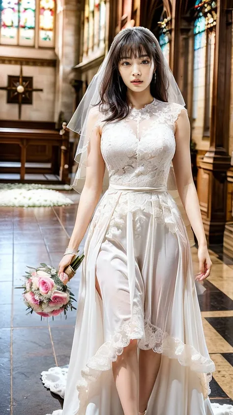 A beautiful young Japanese woman, 26 years old, with healthy thighs, beautiful legs, flawless skin, random hair color and style, large breasts, wearing a (wedding dress:1.3), (she is standing:1.2), full body shot, high heels, holding a bouquet in her hands...