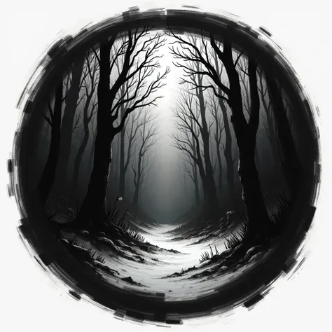 black and white charcoal, high contrast, uneven black circular frame as brushstrokes with black background around it, inside the frame is a dense dark winter forest at midnight, 