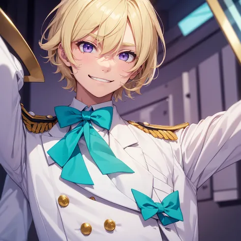 make a boy in high school. white uniform with a turquoise blue bow tie, shoulder-length blond hair, purple eyes with green, a gradient. he has a cocky smile and a proud face