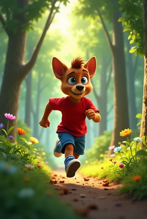 A dynamic Pixar-style cartoon scene of Copper running at full speed through a dense forest. His red T-shirt and blue shorts ripple in motion, and his blue shoes kick up small leaves as he races. Copper’s big blue eyes are focused forward, and his soft brow...