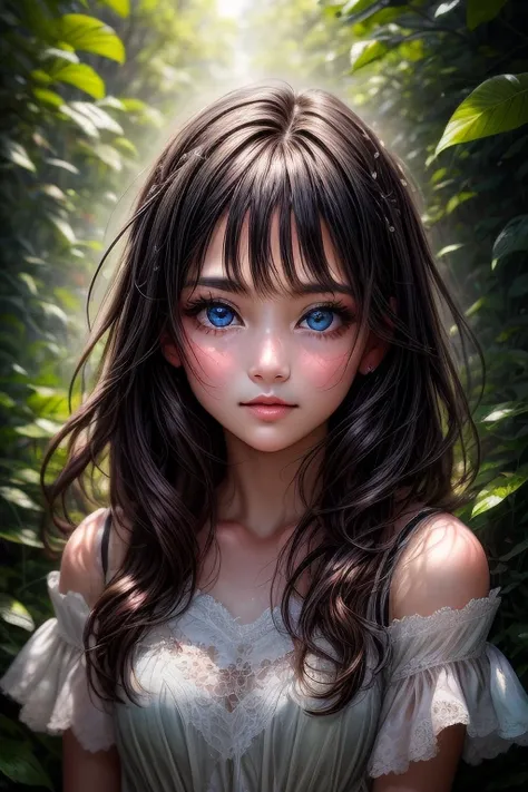 In this captivating image, a lone young girl takes centre stage, captivating the viewer with her presence. She stands in a picturesque outdoor setting, surrounded by lush vegetation and bathed in soft golden light. Her black hair cascades over her shoulder...