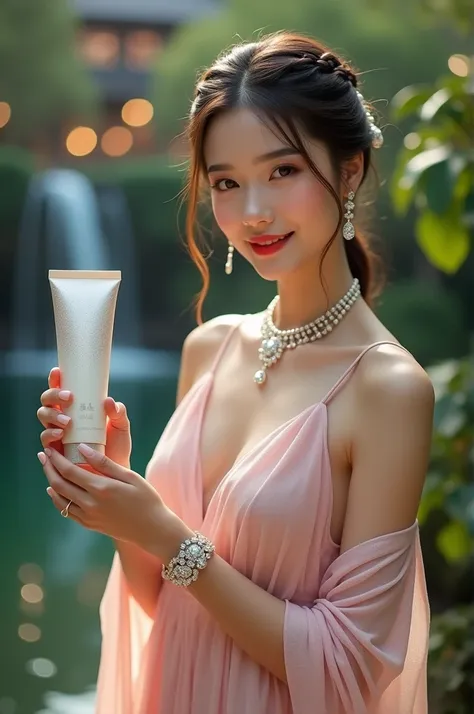  Chinese girl, sweet smiling, braided, wearing a long evening dress, shimmering pink, red lips, wearing a diamond necklace, wearing a diamond bracelet.. in her right hand, holding a tube of white lotion, brand BlinkBlink .Waterfall background diamond earri...