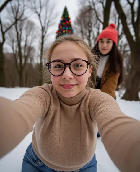  A selfie with 2 girls ,  The focus is on the chest of a prepubertal 16-year-old Scandinavian girl. She is well built and has a round face. ( She has lots of freckles on her skin ).  She has a blonde ponytail ,  that goes up to her shoulders .  Her snub no...