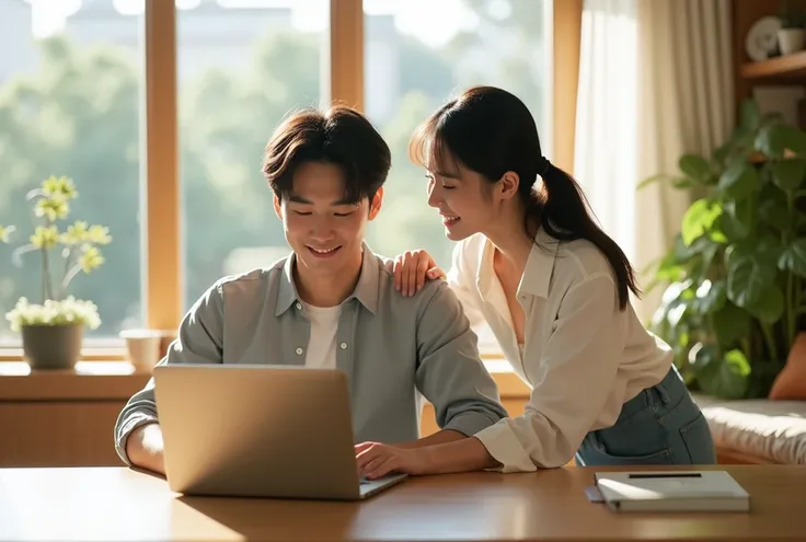 A photorealistic image of a Japanese couple in their 30s in a modern home. The wife is standing behind her husband, with her hand gently resting on his shoulder as he sits at a wooden table looking at a laptop. The wife smiles warmly, and the atmosphere is...