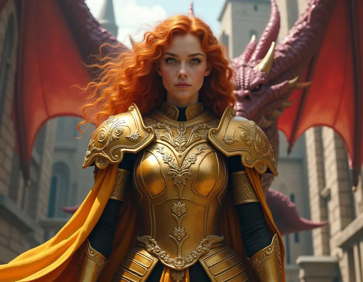 a white-skinned girl, curly orange hair ,  golden red eyes and wears golden metallic medieval armor decorated with dragons. He also holds a sword and is in front of a medieval castle . A large red dragon can be seen behind him.