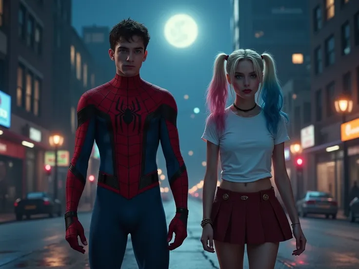  Create a realistic photo taken from afar of the characters Peter Parker ( 18-year-old with an attractive face and athletic body , although, nothing exaggerated) and Harley Quinn( 22-year-old young woman wearing a short skirt and white t-shirt with a perfe...