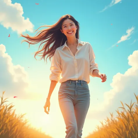 A smiling Korean woman walks with a light gait against the bright sunshine and blue sky