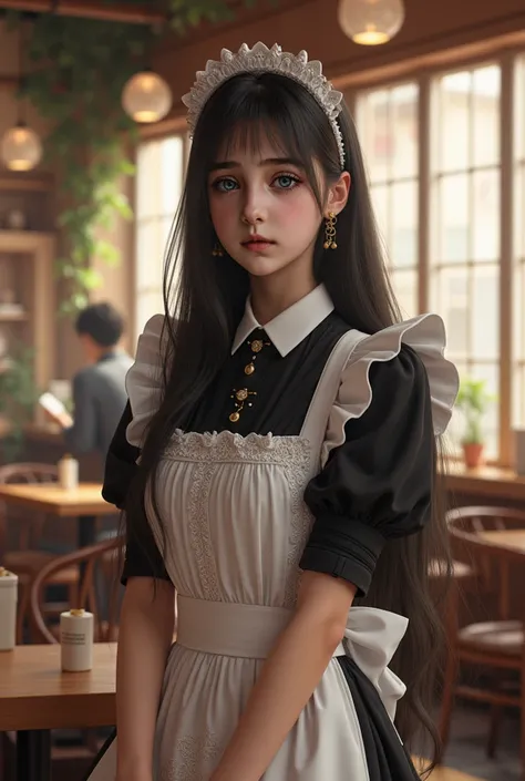 Realistic, Girl,wearing maid dress, very long hair, in cafe