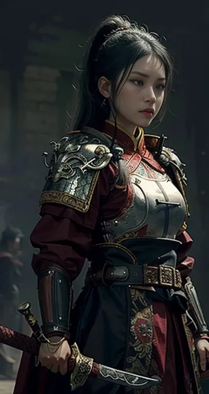 (Active attention), (  in the dark  : 1), (  best quality), (Reality: 1),  Movie Posters  , Genuine Leather,  Height Detailed  ,  8k wallpaper, Volumetric Lighting, Dynamic Lighting,  a girl  , Long black hair, Ponytail,  Black Metal Armor  , Red belt, Bla...