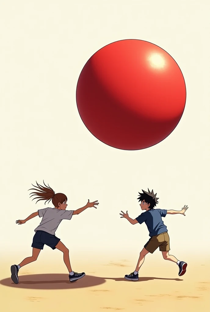 Anime, while hold the ball, and one more person catch the ball , hold the ball, plain red ball , make it hyper