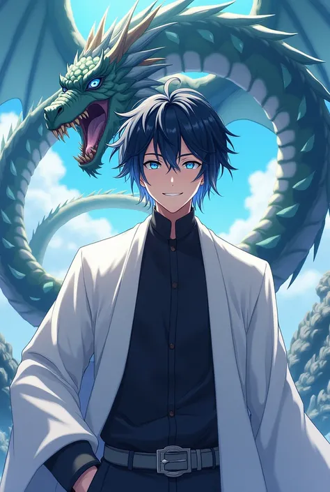 adult male, black hair with light blue tips, light blue eyes, wearing a black shirt and white robe, smiling, anime style, dragon background 