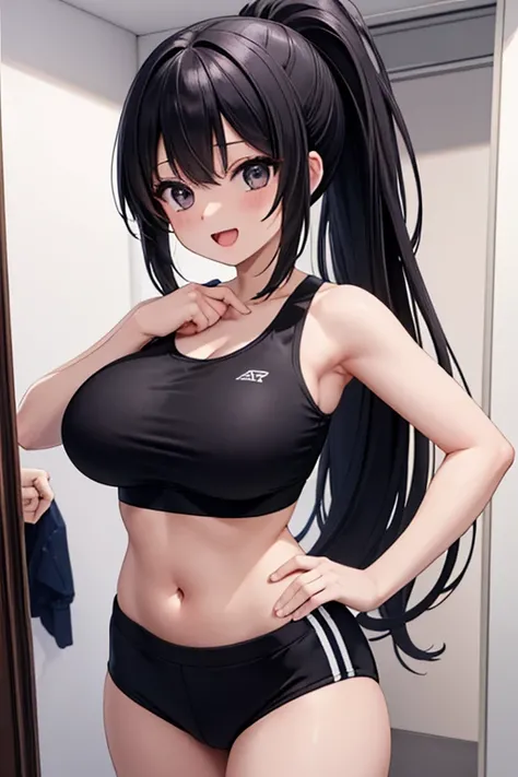 1 girl, anime screencap,score_anime, best quality, masterpiece, 8K, high res, cute, shiny skin,　sports  bra, (navel:1.2), midriff, bare stomach, huge breasts, long hair, black hair, ponytail, black eyes, hand on hair, smile, open mouth, changing room,