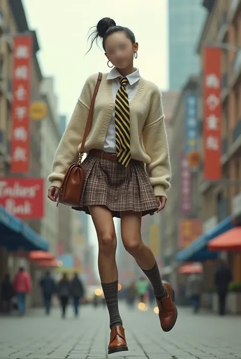 sweater, in city, jumping, from under, plaid skirt, stripe tie, cute big breasts, (invisible, no human, headless, handless:1.5)