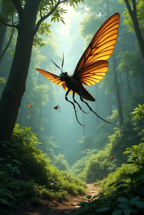 Picture a lush, ancient Carboniferous forest, filled with towering trees and dense vegetation. Meganeura, with its 2.5-foot wingspan, dominates the skies. It flutters through the dense forest, scanning the ground below. Other insects scurry beneath the sha...