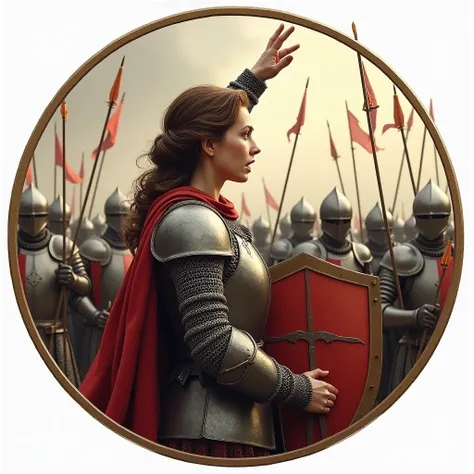 Round Joan of Arc logo in profile from the waist to the right, raising her left arm with her hand open., , her head turned to the left, mouth open, calling for reinforcements and holding on the right a shield pierced by three arrows, seen in profile.. She ...