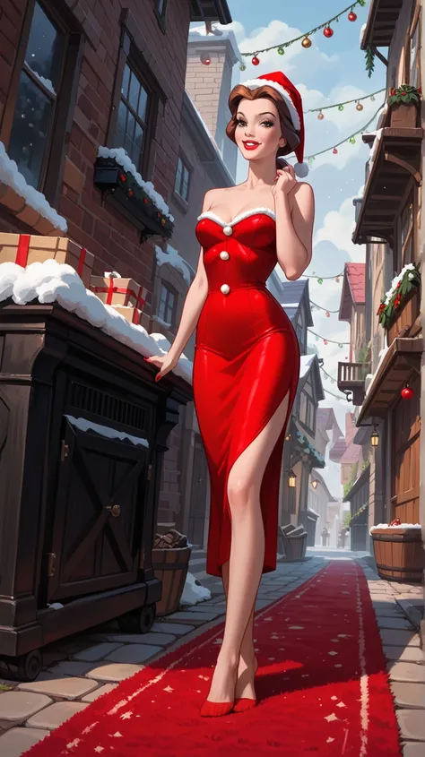 score_9, score_8_up, score_7_up, score_6_up, rating_safe, BREAK Belle,1girl, solo, brown hair, hazel eyes, fair skin, blue bow. ponytail, fair skin, medium breasts, naughty face, ((Princess Belle standing on a red carpet in front of a chimney, wearing a se...