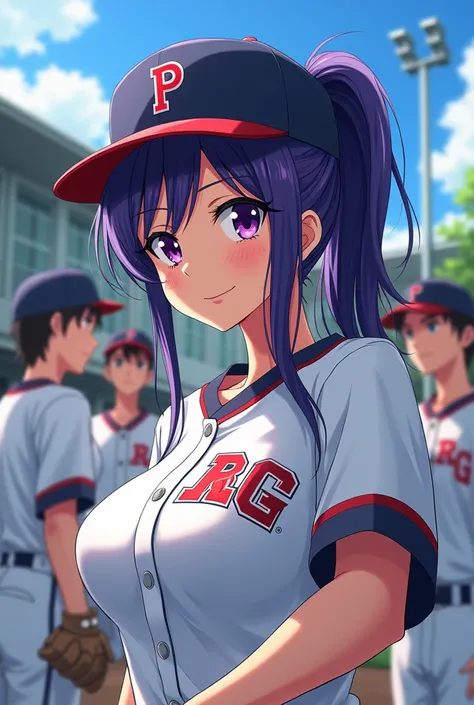 Japanese animation style、High school girl、Baseball players、 Baseball Cap 、Dark Purple Long Hair、single ponytail、 purple pupils、 full breasts 、From Taiwan