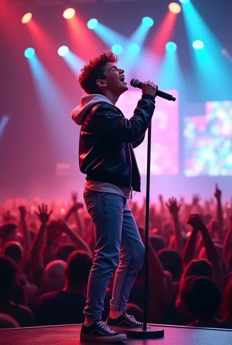 Main Object: An 18-year-old teenager holding a microphone, singing passionately, Action or Position: The teenager is standing confidently on stage, head tilted slightly back, eyes closed as they belt out a powerful note into the microphone, Complete Scene:...