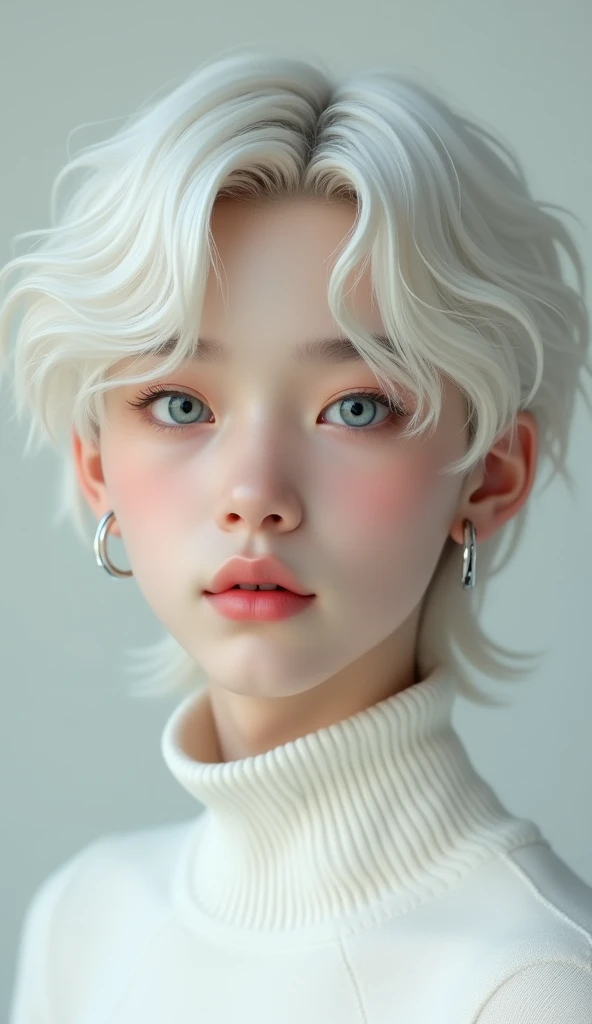 front view, realistic, a boy from, High school, medium length Wave white hair with Beautiful blue color eyes, silky hair, wears white turtleneck , realistic, small silver earrings