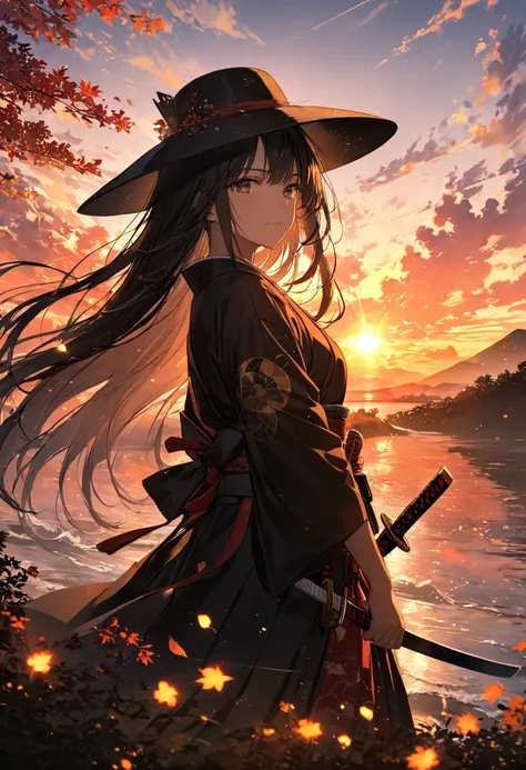 Anime、((  Surprisingly Absurd  )),(masterpiece:1.2),超  high definition ,   Attention to Details  ,  high image quality,   high definition , 最 high image quality, 4K, 8k、One Samurai、front、 illuminated by the sunset、 backlit、 Alone、 Samurai hold swords 、Illu...