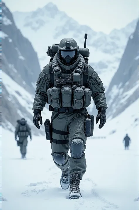 A heavily armed military warrior walking through a snowy valley  