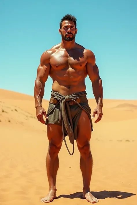 Create realistic full body photo,muscular,in the middle of the desert 