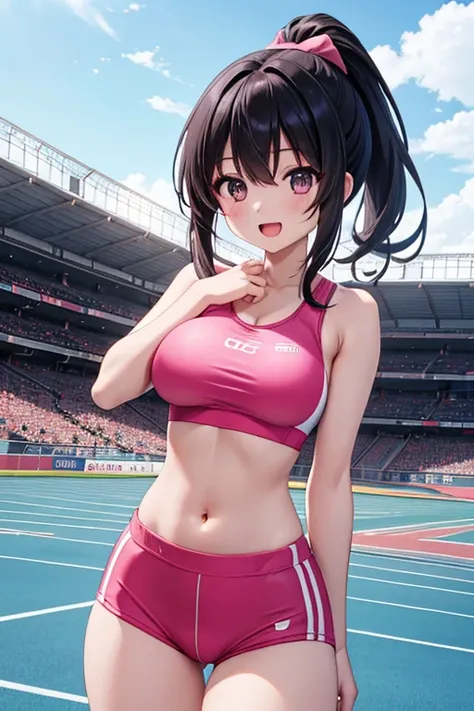 1 girl, anime screencap,score_anime, best quality, masterpiece, 8K, high res, cute, shiny skin, pink costume, sports  bra, (navel:1.2), midriff, bare stomach, huge breasts, long hair, black hair, ponytail, black eyes, hand on hair, smile, open mouth, track...