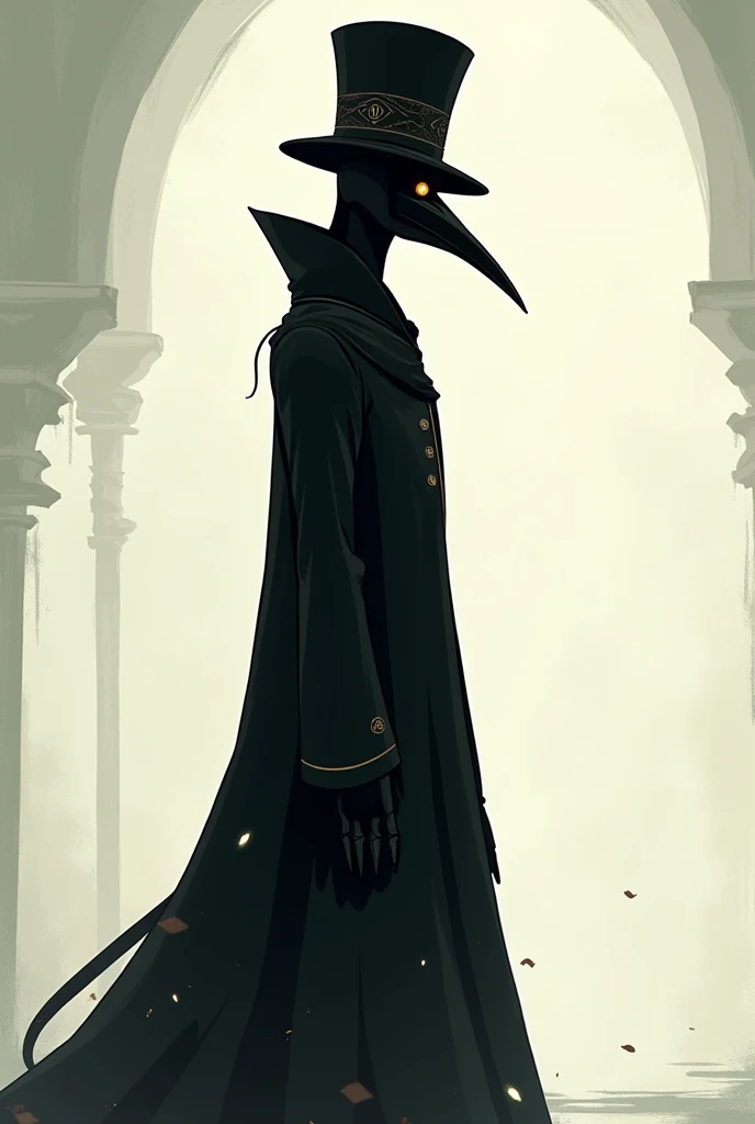  generates the image of a plague doctor wearing a top hat,  in an anime drawing style ,  in profile, full-bodied and bottomless .