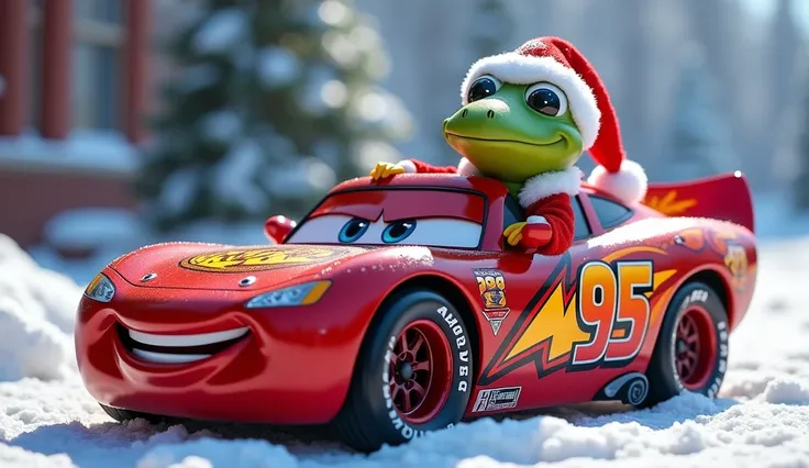 Crazy Frog dressed in a Santa Claus outfit, sitting inside Hero McQueen, the iconic red racing car from the Cars movie. Crazy Frog looks cheerful and mischievous, wearing a bright red Santa suit with white fur trim and a Santa hat. Hero McQueen is shiny, v...