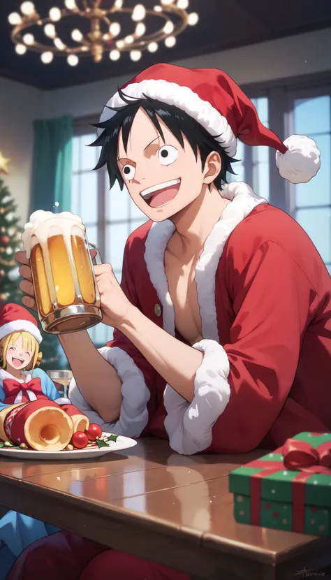 1man, luffy, one piece, Christmas outfit,christmas hat, sitting on dinning table, smile,open mouth ,holding a jug of beer, happy ,masterpiece, high quality, detailed, wallpaper