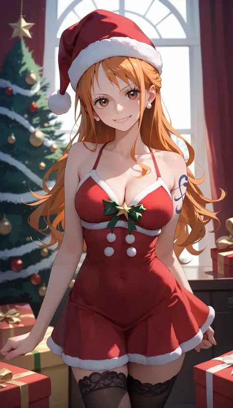 1girl, Nami, one piece, Christmas outfit, skirt ,christmas hat, breasts, view at viewer, standing, smile, blush, black stockings, masterpiece, high quality, detailed, wallpaper 