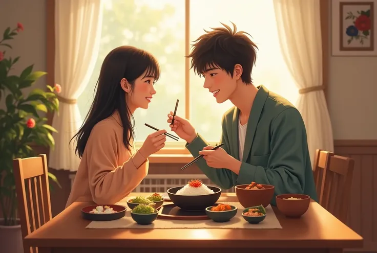 A realistic photograph of a young Japanese couple enjoying a meal together in a cozy dining room. The couple is smiling and looking happy, sitting at a well-decorated dining table with traditional Japanese food, such as rice bowls, miso soup, and sushi. Th...