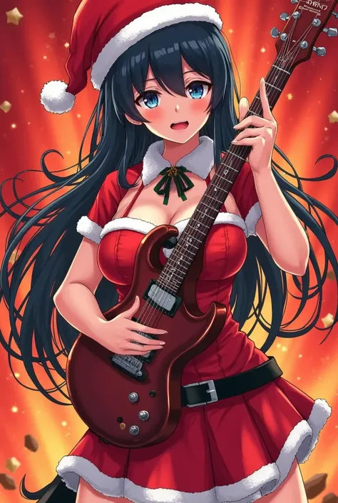 santagirl,chirtsmas,18 girl，wearing guitar ，JK，bold style inspired by comics and graphic design. Ratcore，monochrome chaos，from all of the above，new trendy icons，poster art，realistic rendering，exquisite materials，studio lighting，blind box，orange-red backgro...