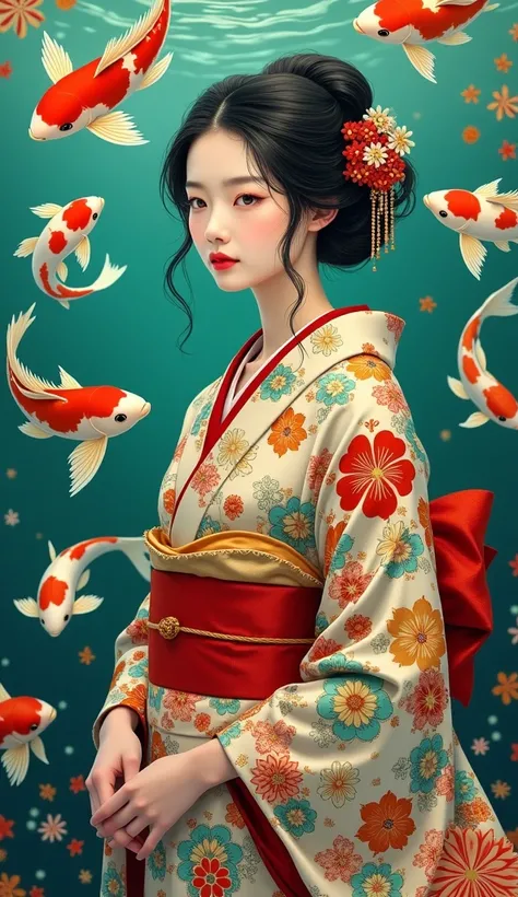  A serene Japanese woman, clad in a resplendent, vibrant kimono with a bold, crimson obi, stands majestically amidst a fantastical underwater realm, surrounded by a kaleidoscope of koi fish in warm, golden hues, snowy whites, and inky blacks, their gentle ...