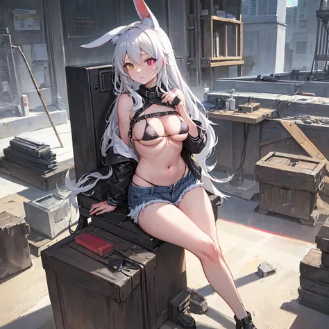 Elaborate, Ultra Fine, Anatomically Correct ,Hand Repair, top quality , high image quality,very wide shot,anime,8k, One Girl , pretty girl,City Background,White rabbit ears, animal ears ,Covering ears with hair,White Hair, voluminous hair, long hair,(( rai...