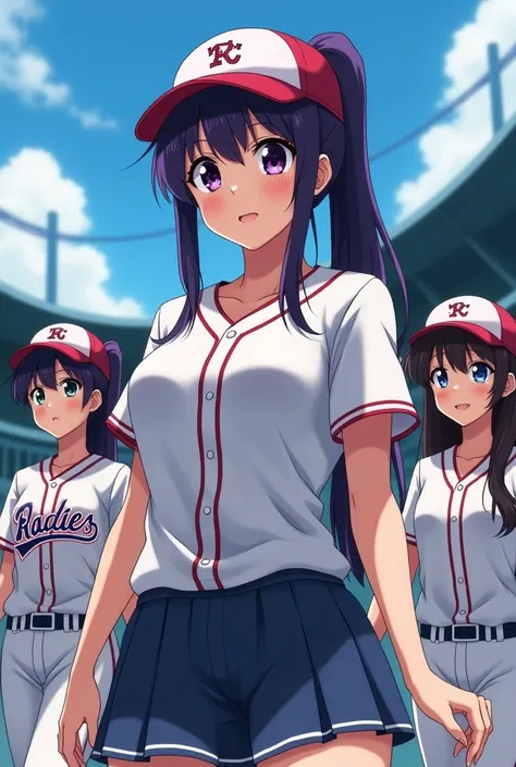 Japanese animation style、High school girl、Baseball players、 Baseball Cap 、Dark Purple Long Hair、single ponytail、 purple pupils、 full breasts 、From Taiwan