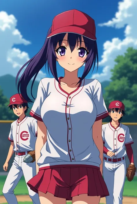 Japanese animation style、High school girl、Baseball players、 Baseball Cap 、Dark Purple Long Hair、single ponytail、 purple pupils、 full breasts 、From Taiwan