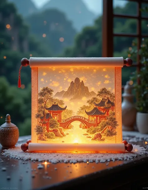 A close-up view of a translucent scroll painting, illuminated with soft, diffused light. The artwork features a delicate bridge, ancient houses, a tranquil pond, rock formations, and lush greenery. The background is gently blurred with a Gaussian effect, r...