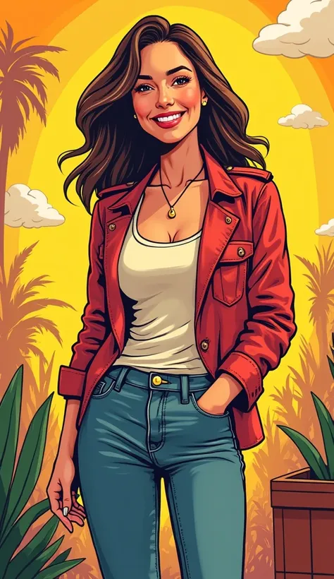 DISCREET image. with discreet casual clothes. image adult woman, american, comic book style. SHE IS HAPPY AND GRATEFUL, with a discreet smile. IMAGES WITH VIBRANT COLORS.