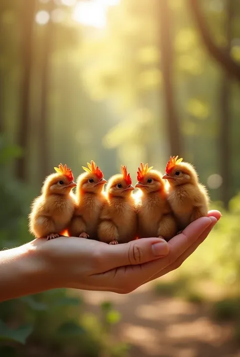  adorable outdoor scene in a sunny forest a hand holding 5 small roosters cute ultra-realistic with lots of dense fur.  The background is blurry and the scene conveys an atmosphere of tenderness and enchantment. 
Real-life image 