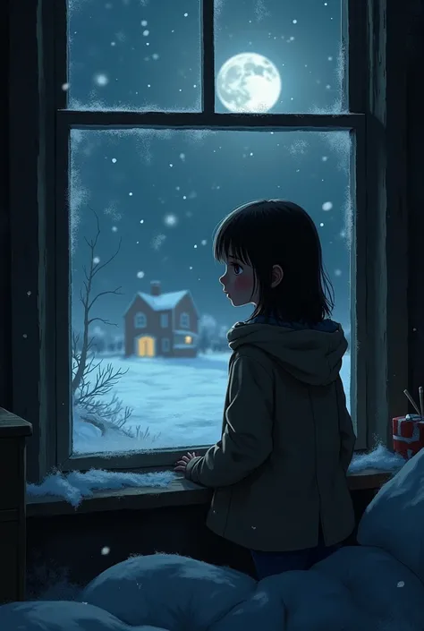 The girl looks at the window on a snowy night. There are no gifts and no happiness. 