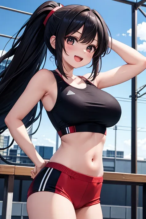 1 girl, anime screencap,score_anime, best quality, masterpiece, 8K, high res, cute, shiny skin, red costume, sports  bra, (navel:1.2), midriff, bare stomach, huge breasts, long hair, black hair, ponytail, black eyes, hand on hair, smile, open mouth, track ...