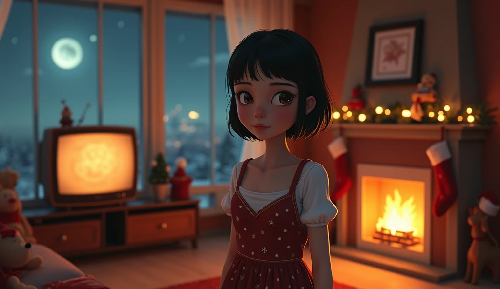  Realistic girl with a big neckline on her chest in a New Years short dress.  In the background in a modern room , retro TV ,  a retro fireplace with Christmas toys and socks ,  a dark other planet is visible in the window .